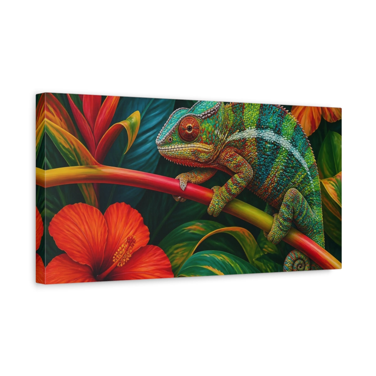 Side Mockup 3. Tropical Chameleon Animals shown as canvas print