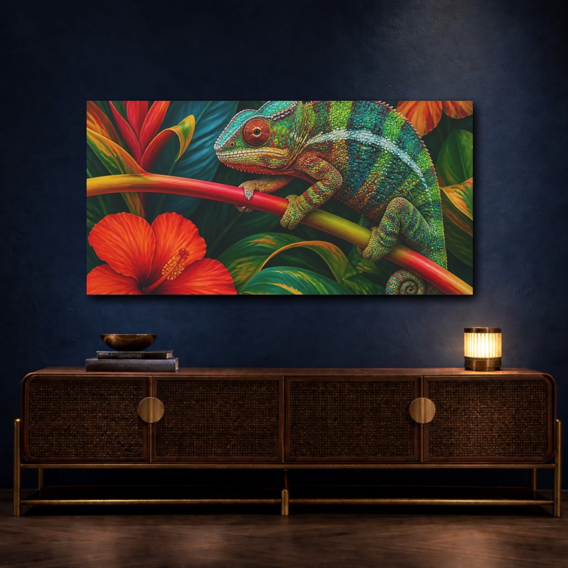 Mockup 4. Tropical Chameleon Animals shown as canvas print