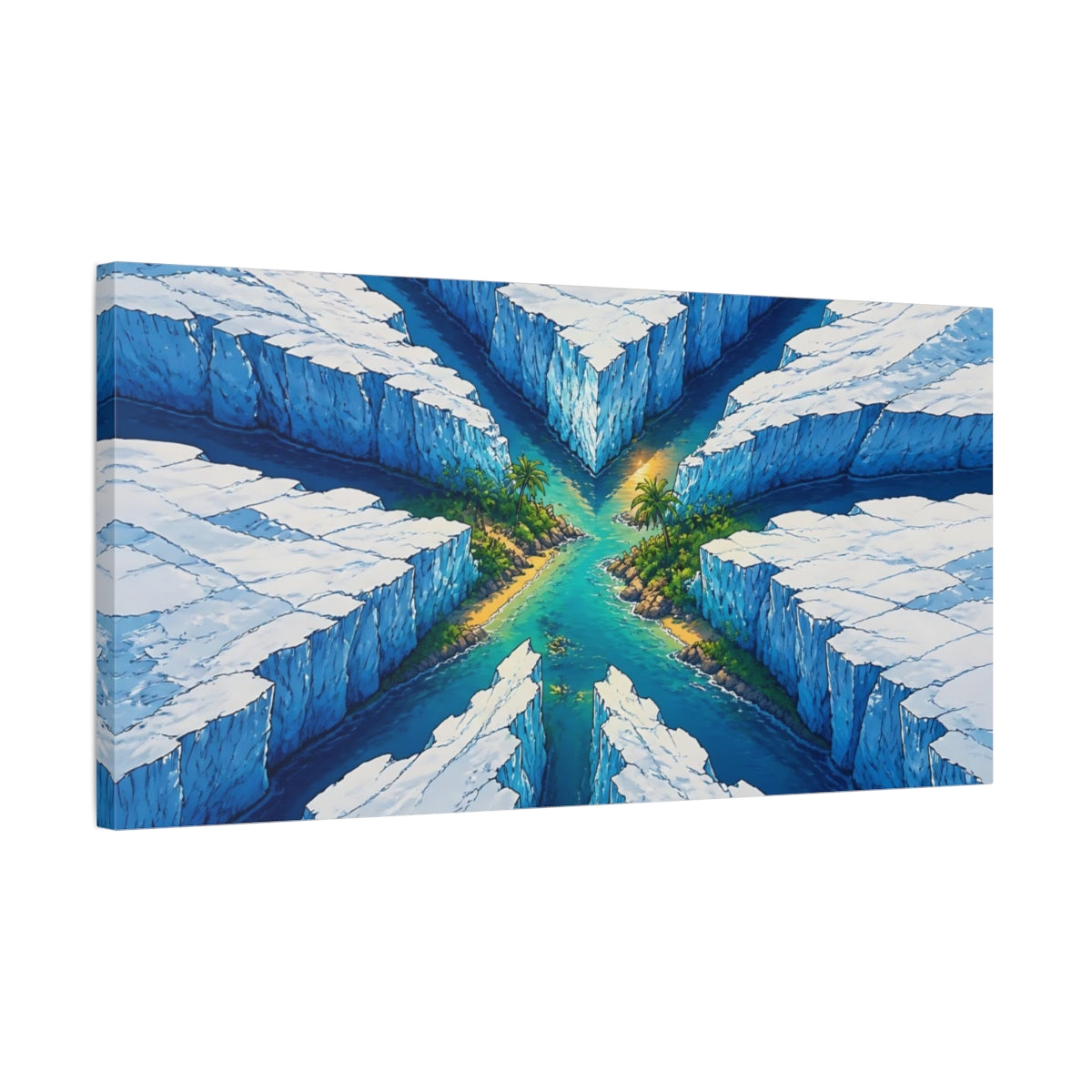 Side Mockup 1. Tropical Inlet In Ice Rift shown as canvas print