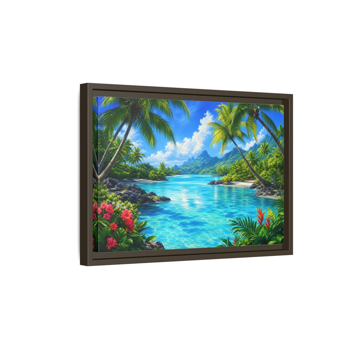 Side Mockup 5. Tropical Lagoon Escape shown as framed canvas print