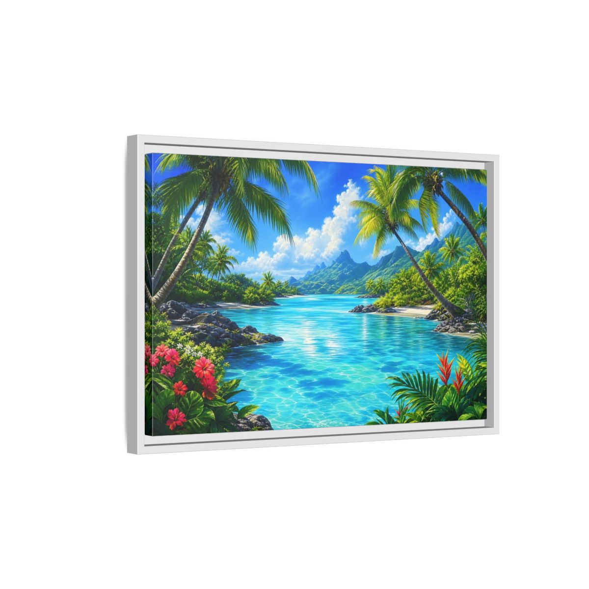 Side Mockup 1. Tropical Lagoon Escape shown as framed canvas print