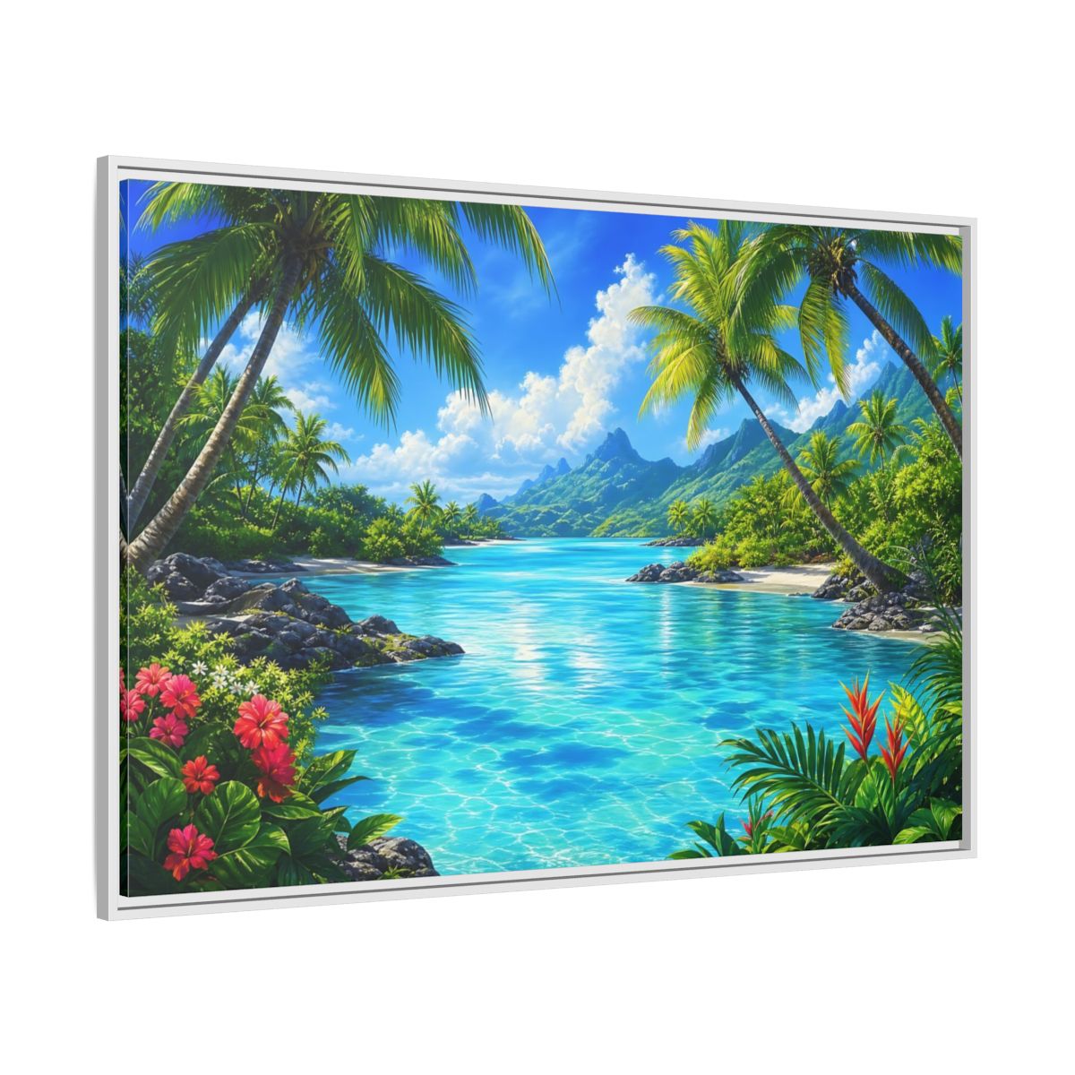 Side Mockup 7. Tropical Lagoon Escape shown as framed canvas print