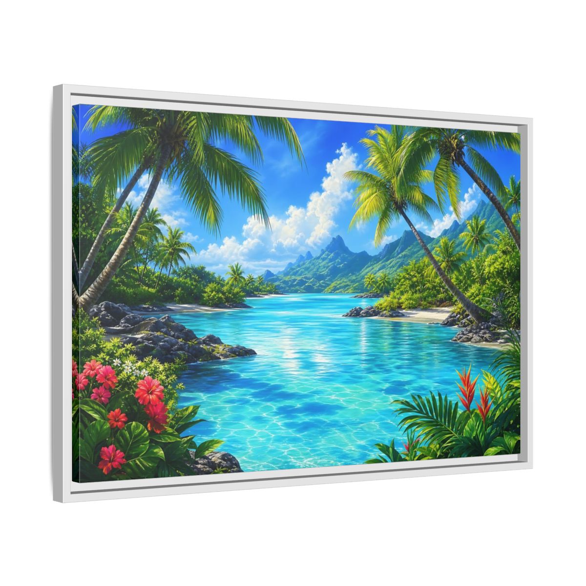 Side Mockup 10. Tropical Lagoon Escape shown as framed canvas print