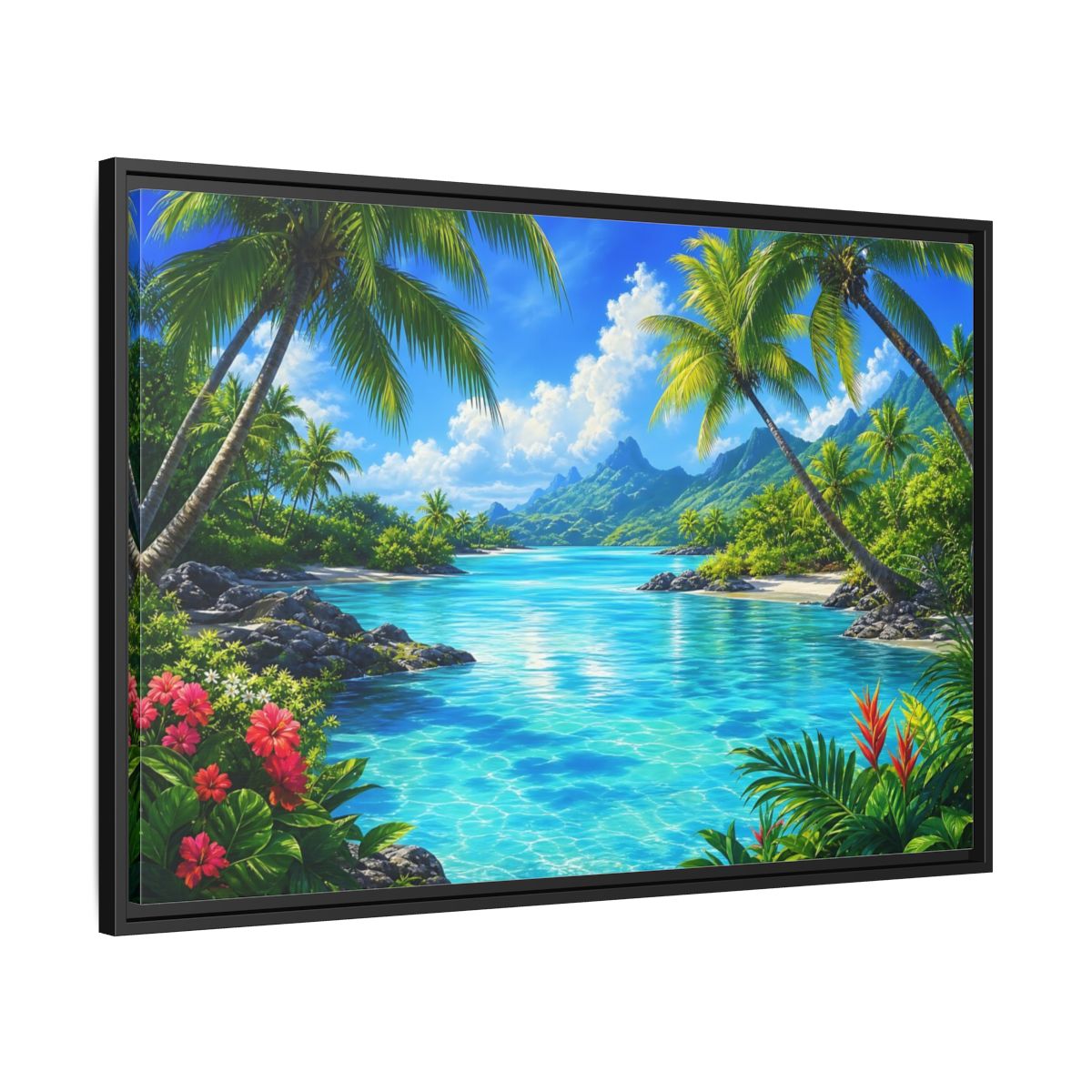 Side Mockup 13. Tropical Lagoon Escape shown as framed canvas print