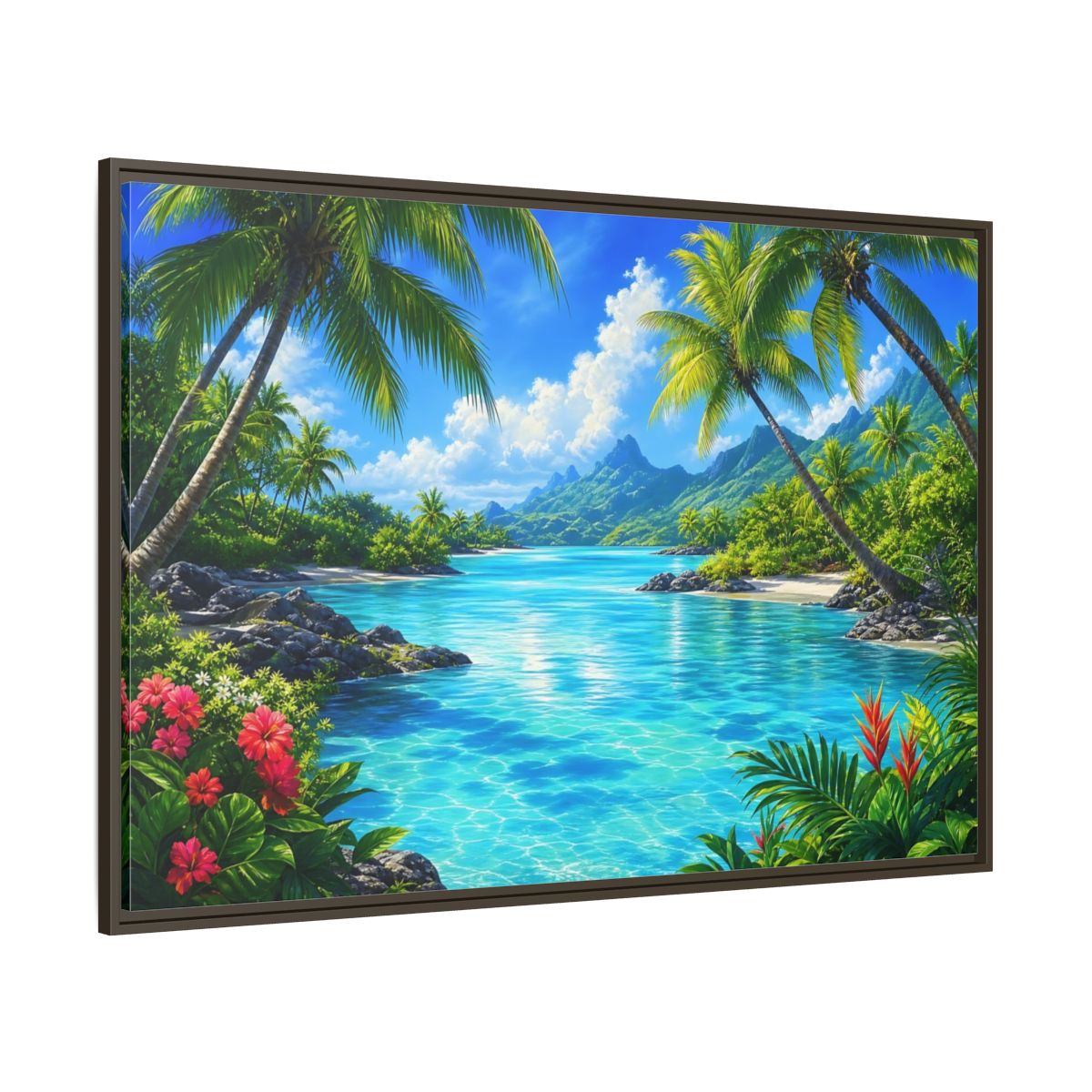 Side Mockup 8. Tropical Lagoon Escape shown as framed canvas print