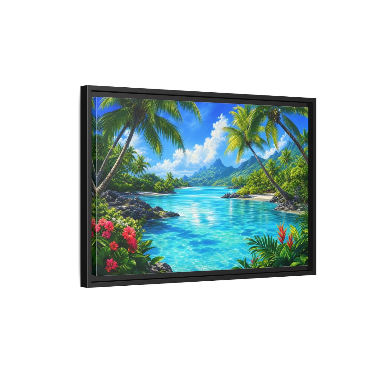 Side Mockup 3. Tropical Lagoon Escape shown as framed canvas print