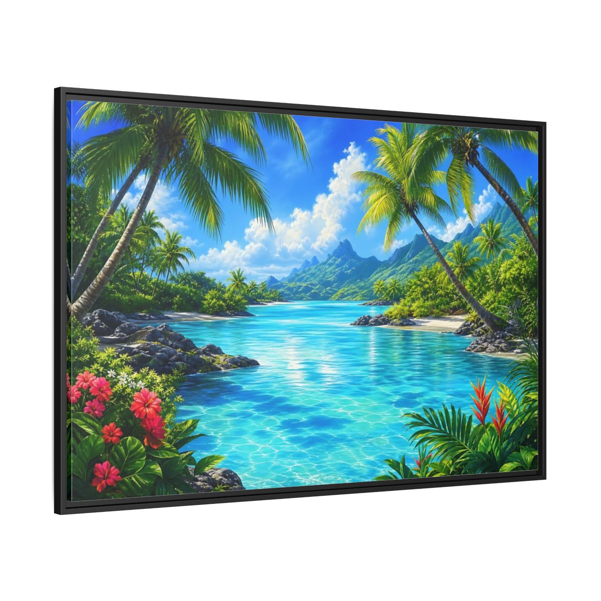 Side Mockup 12. Tropical Lagoon Escape shown as framed canvas print