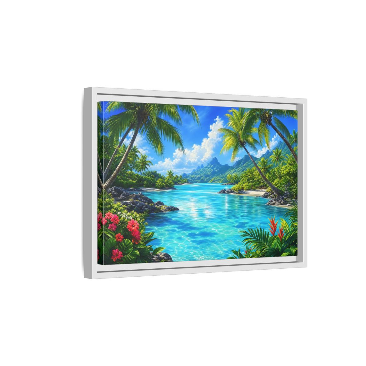 Side Mockup 4. Tropical Lagoon Escape shown as framed canvas print