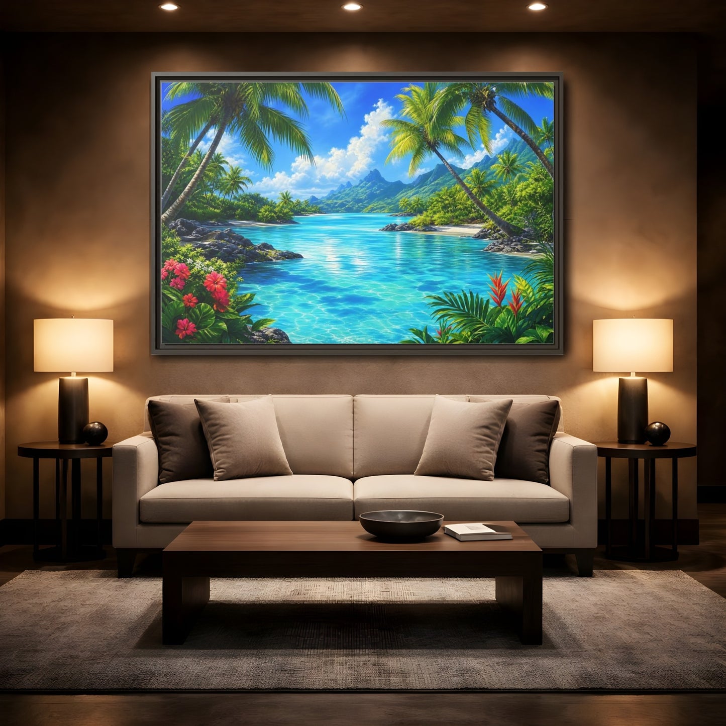 Mockup 2. Tropical Lagoon Escape shown as framed canvas print