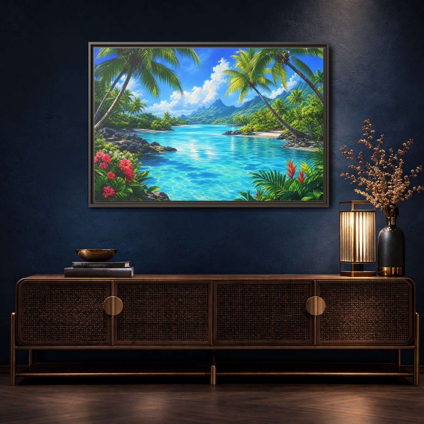 Mockup 4. Tropical Lagoon Escape shown as framed canvas print