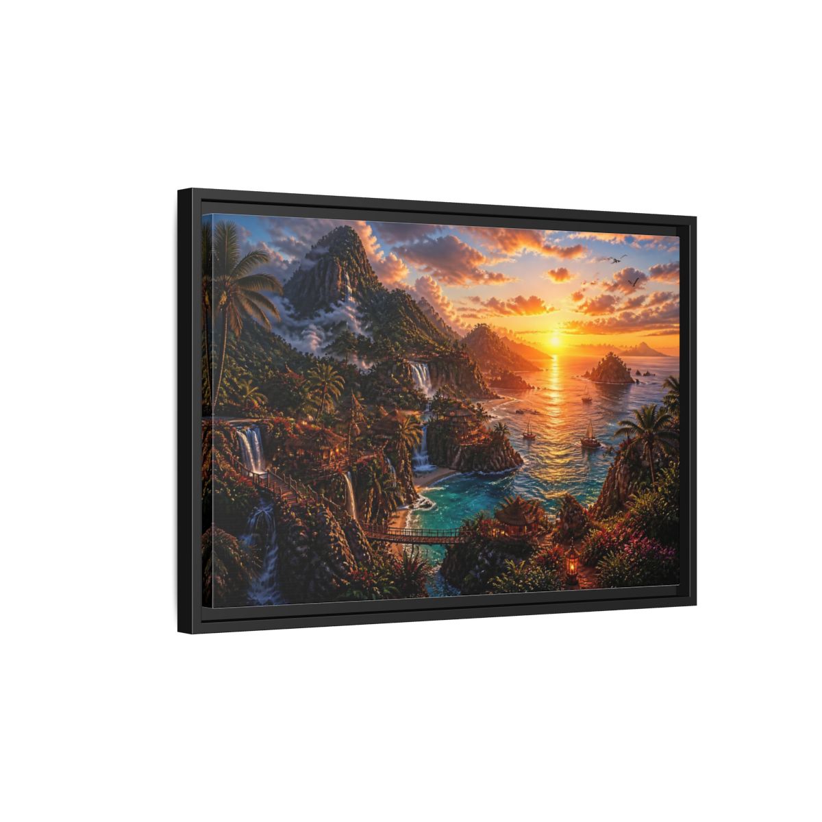 Side Mockup 3. Tropical Sunset Island Haven shown as framed canvas print