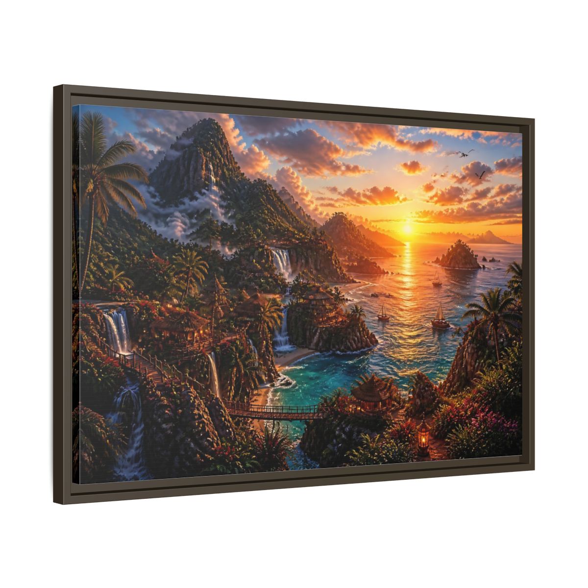 Side Mockup 11. Tropical Sunset Island Haven shown as framed canvas print