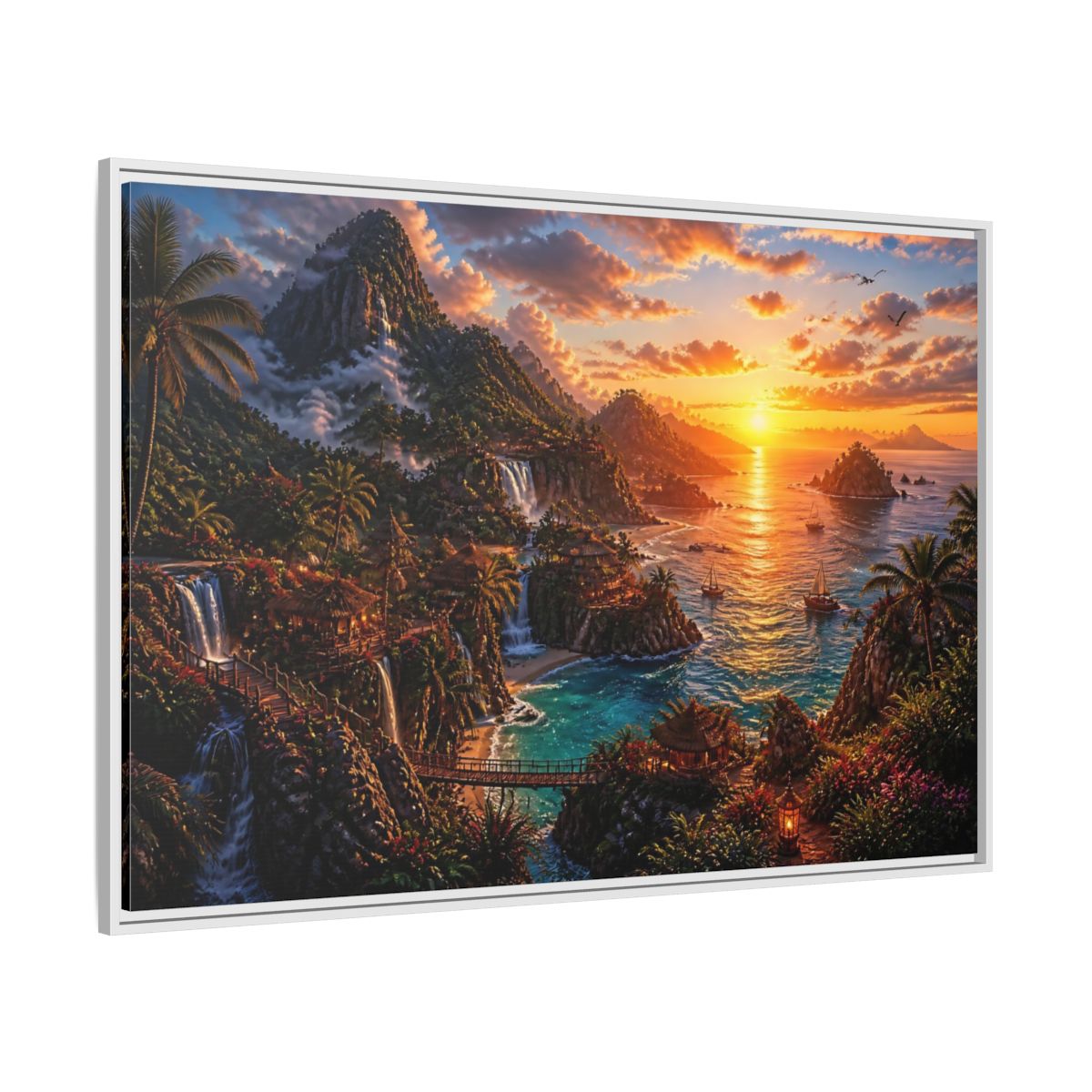 Side Mockup 7. Tropical Sunset Island Haven shown as framed canvas print