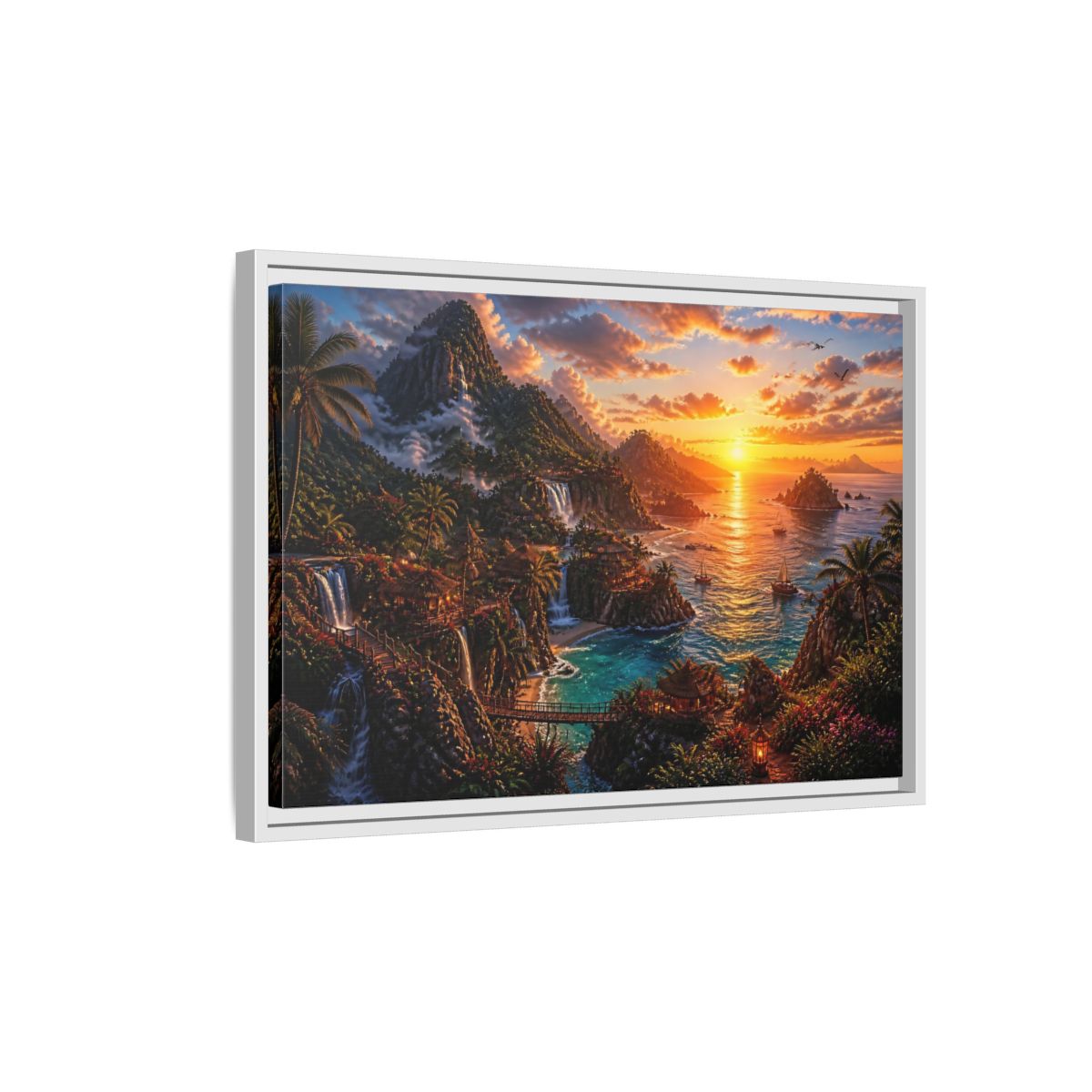 Side Mockup 1. Tropical Sunset Island Haven shown as framed canvas print