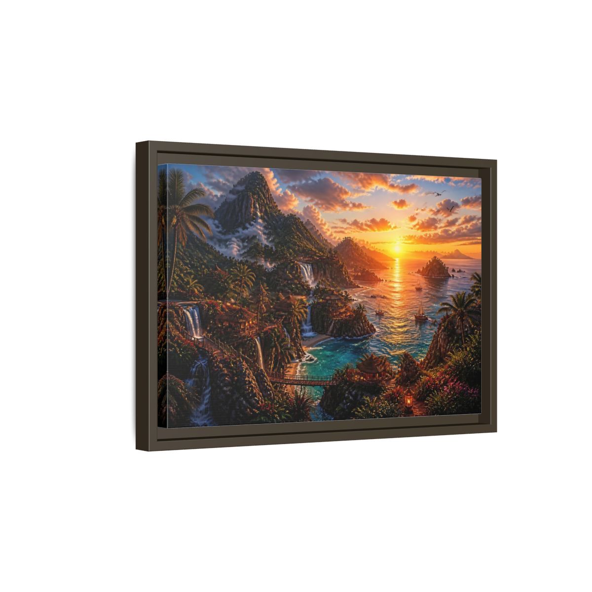 Side Mockup 5. Tropical Sunset Island Haven shown as framed canvas print