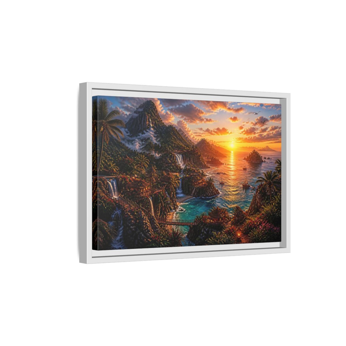 Side Mockup 4. Tropical Sunset Island Haven shown as framed canvas print