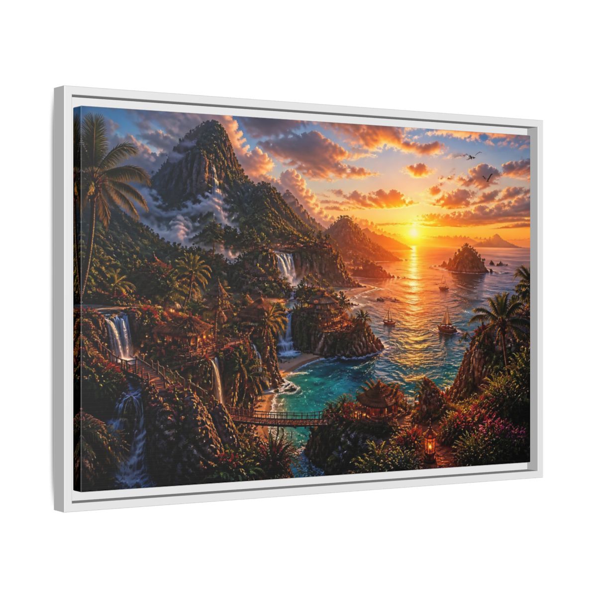 Side Mockup 10. Tropical Sunset Island Haven shown as framed canvas print