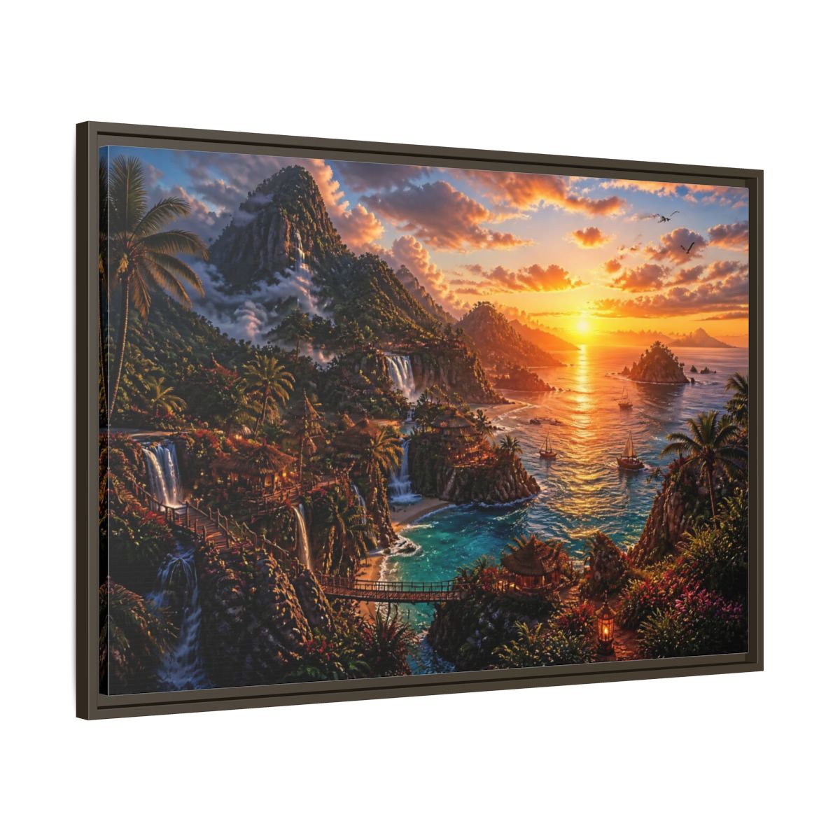 Main Mockup. Tropical Sunset Island Haven shown as framed canvas print
