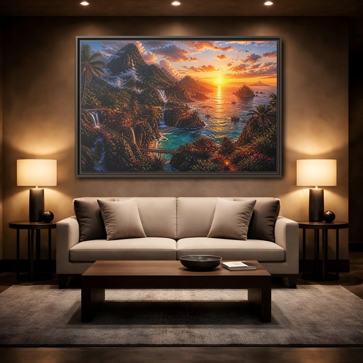 Mockup 2. Tropical Sunset Island Haven shown as framed canvas print