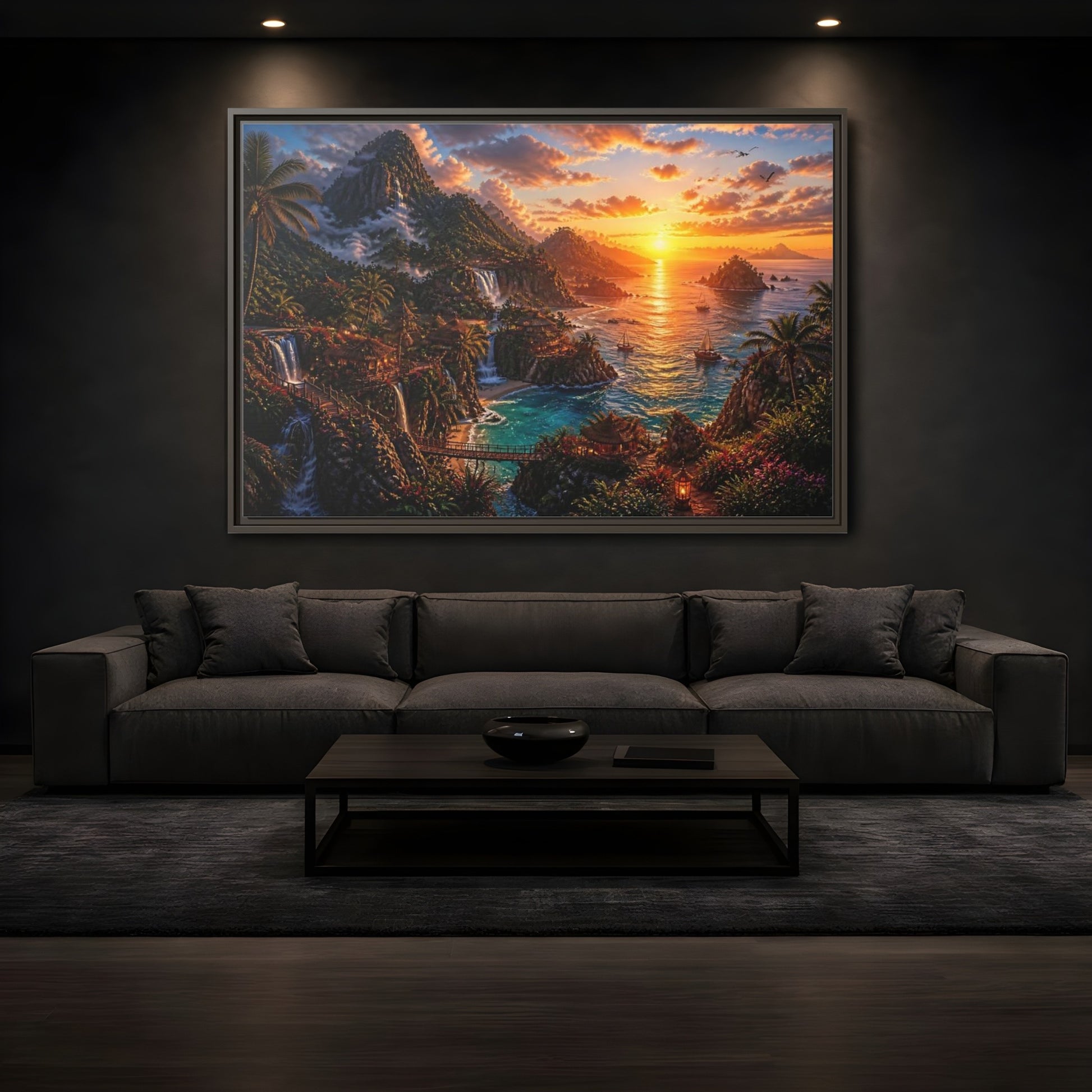 Mockup 3. Tropical Sunset Island Haven shown as framed canvas print