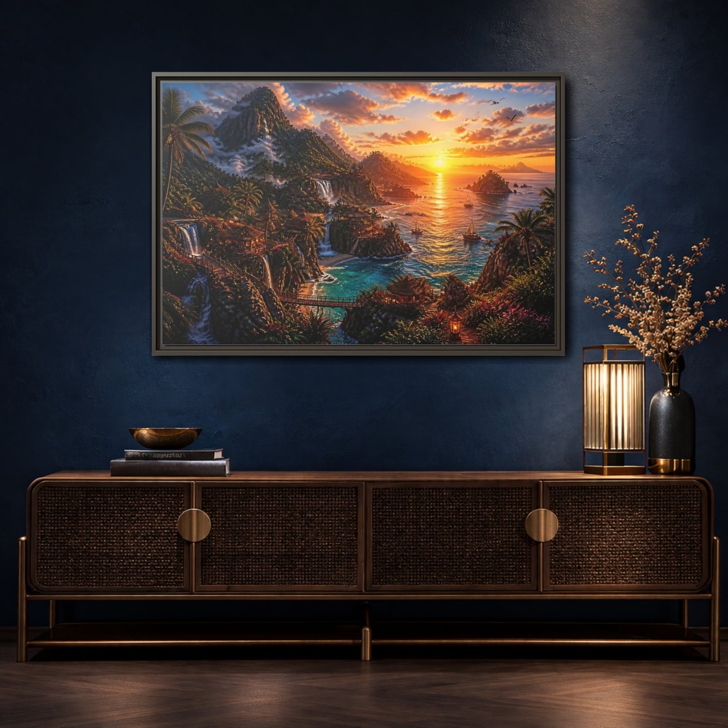 Mockup 4. Tropical Sunset Island Haven shown as framed canvas print