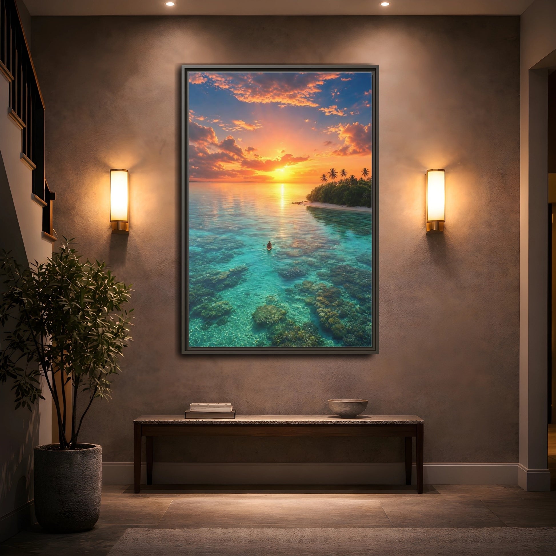 Mockup 2. Tropical Sunset Over Coral Reef shown as framed canvas print