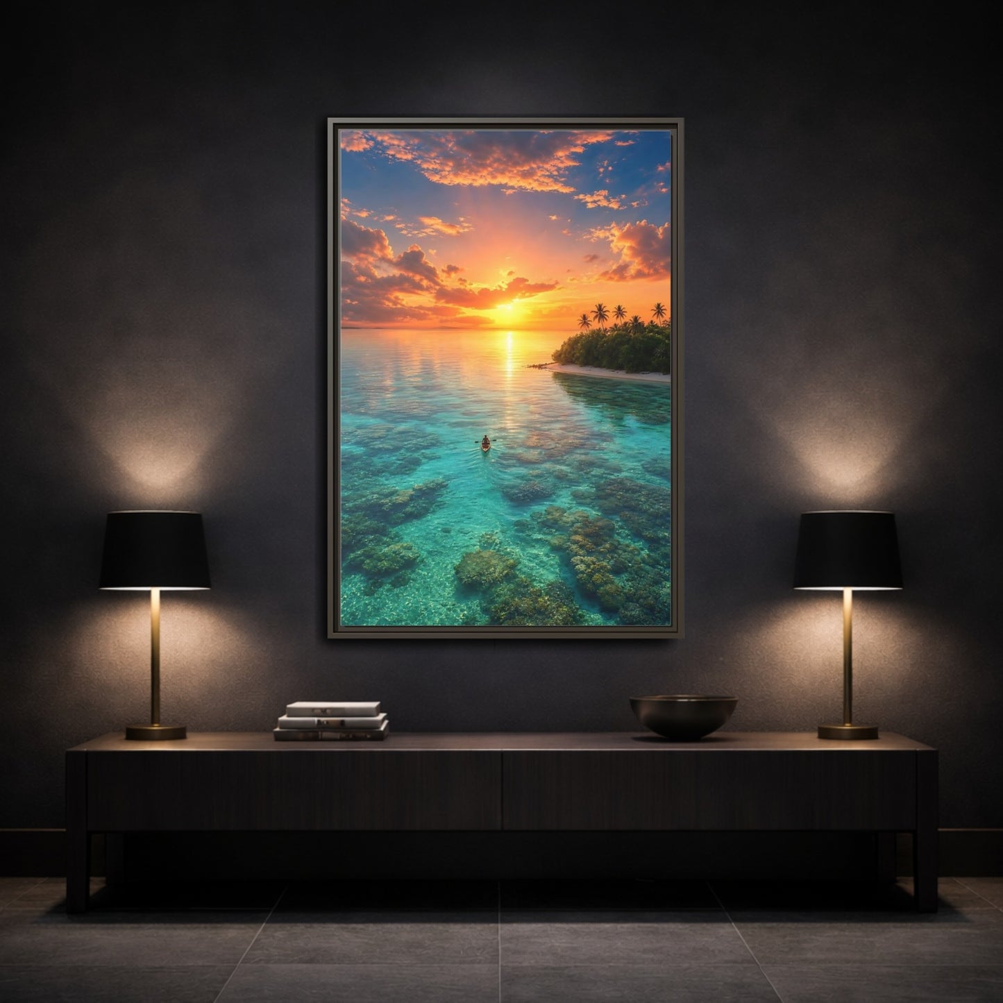 Mockup 3. Tropical Sunset Over Coral Reef shown as framed canvas print