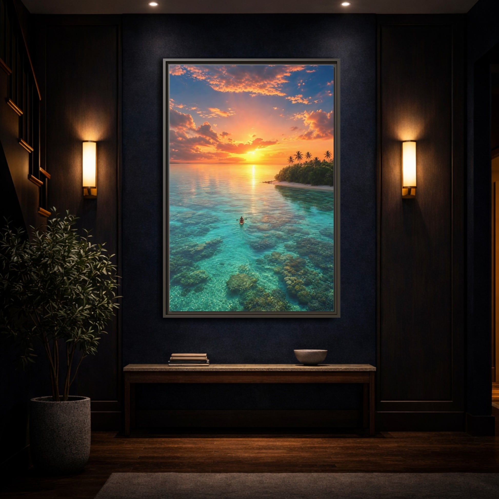 Mockup 4. Tropical Sunset Over Coral Reef shown as framed canvas print