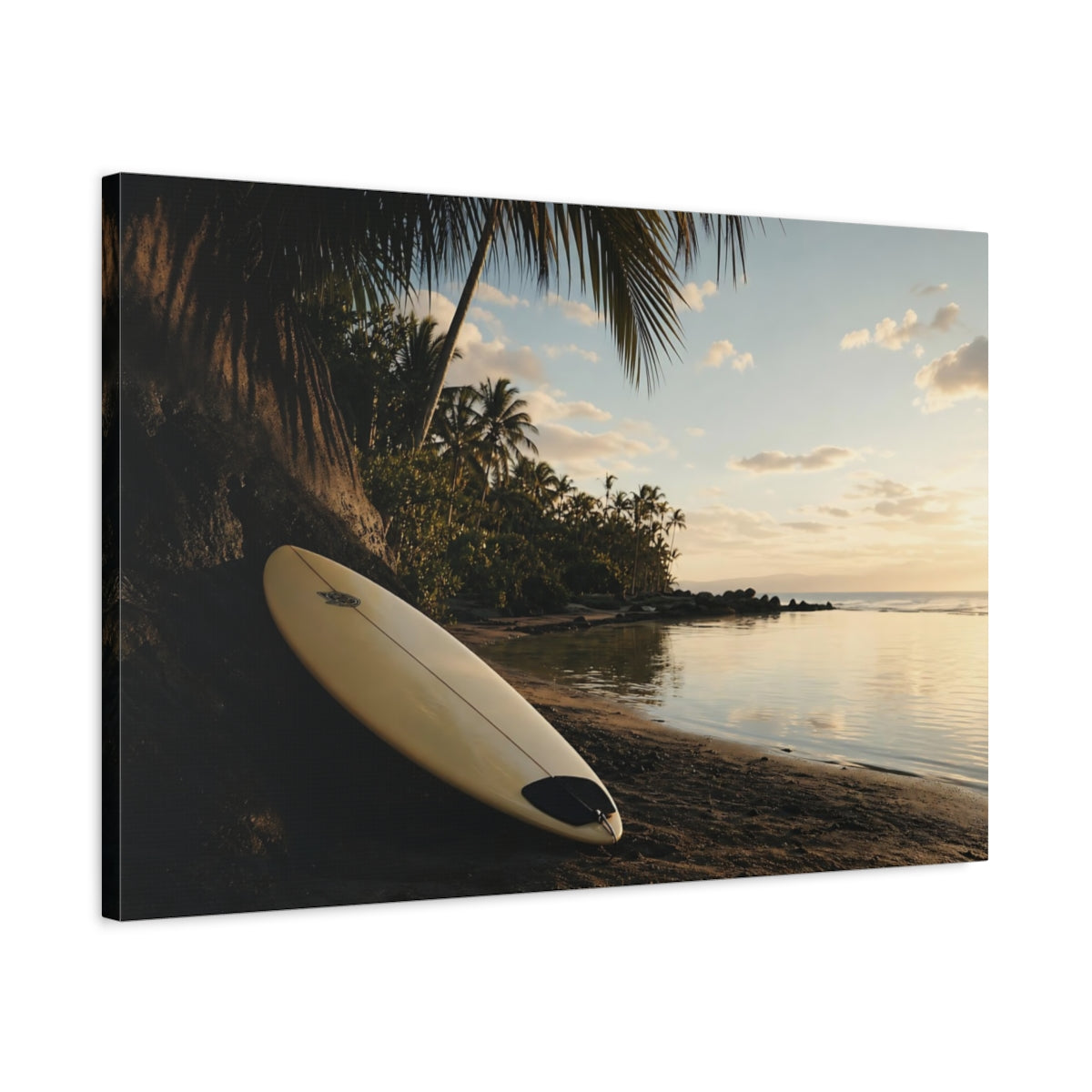 Side Mockup 2. Tropical Sunset Surfboard shown as canvas print