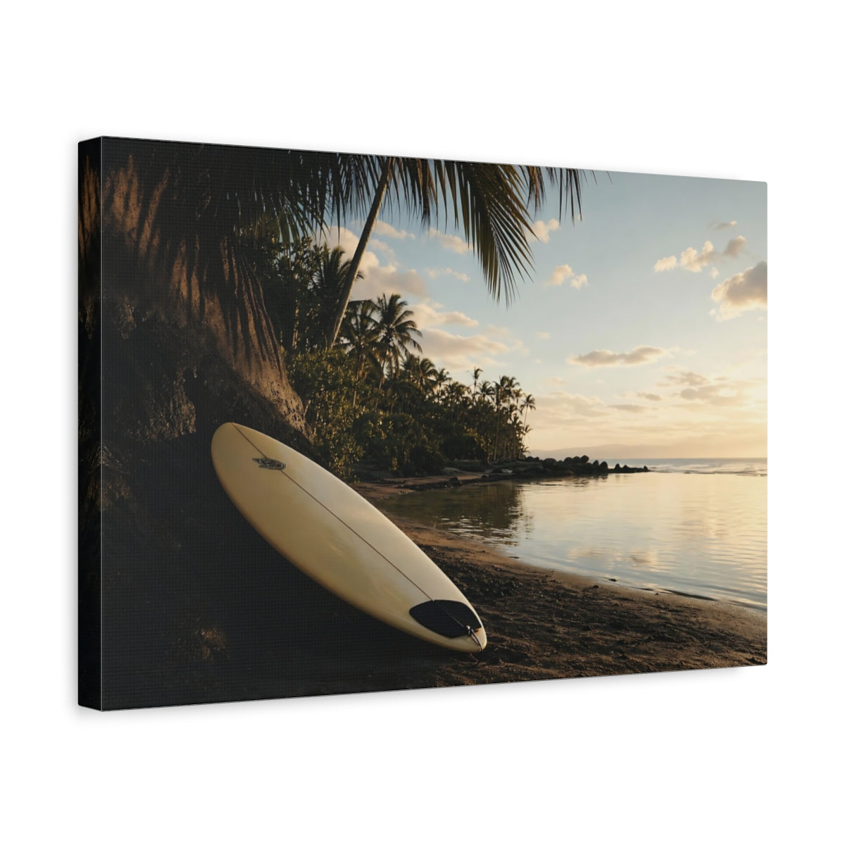 Side Mockup 4. Tropical Sunset Surfboard shown as canvas print