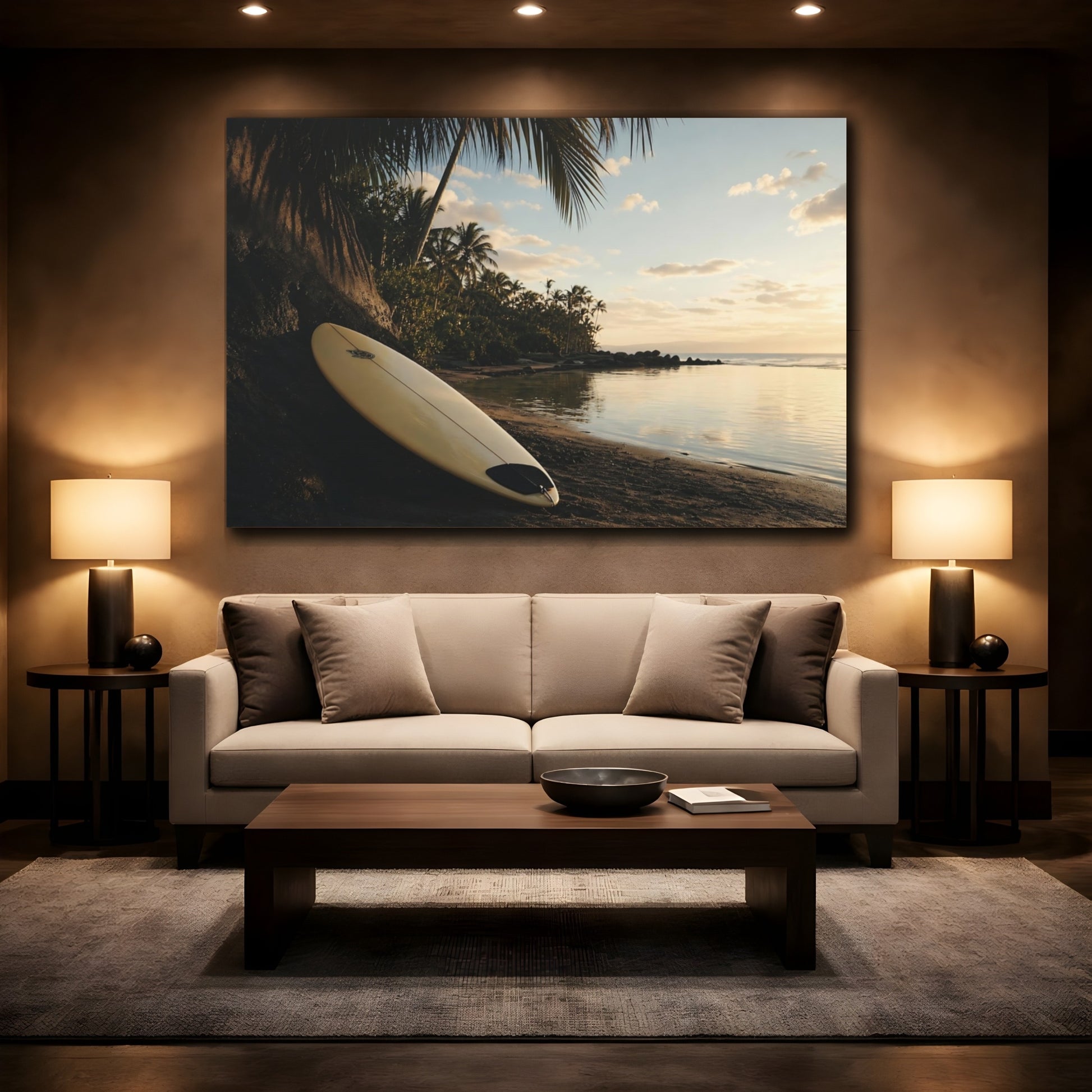 Mockup 2. Tropical Sunset Surfboard shown as canvas print