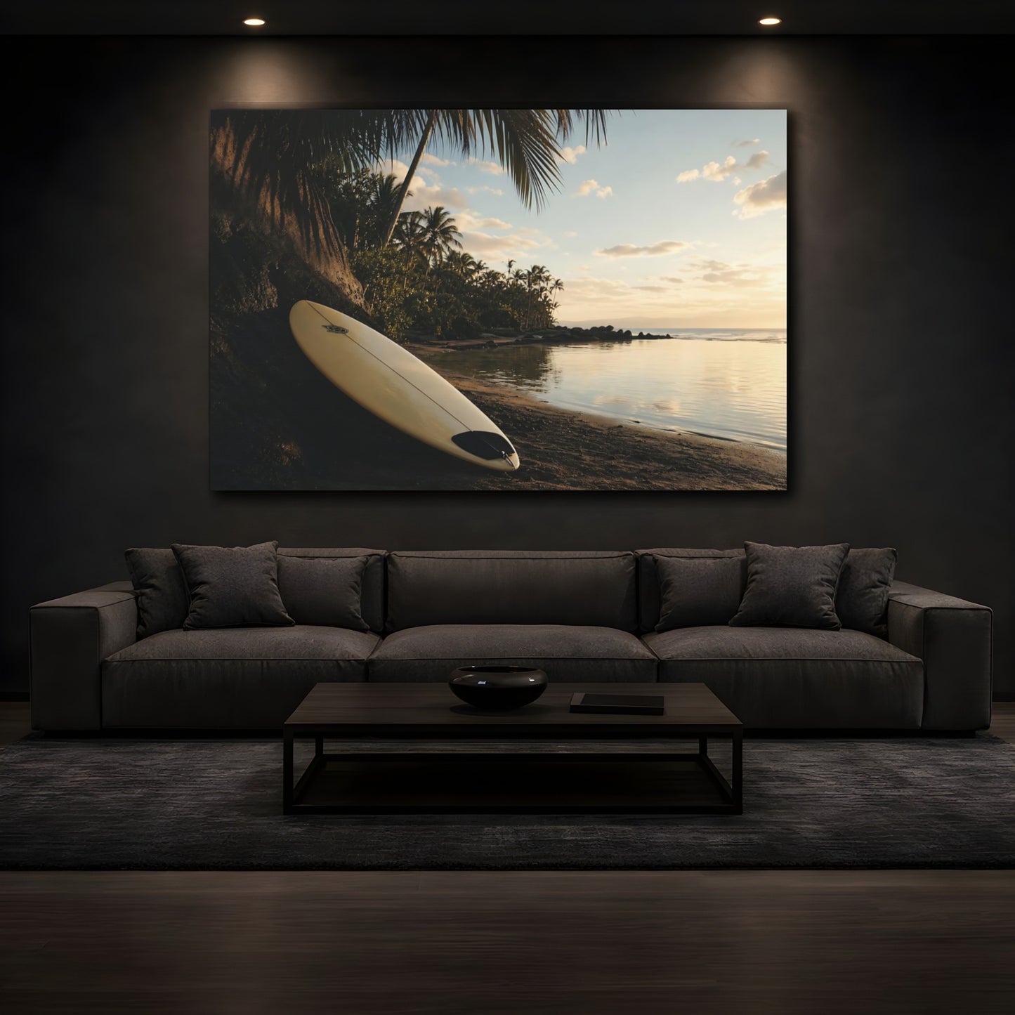Mockup 3. Tropical Sunset Surfboard shown as canvas print
