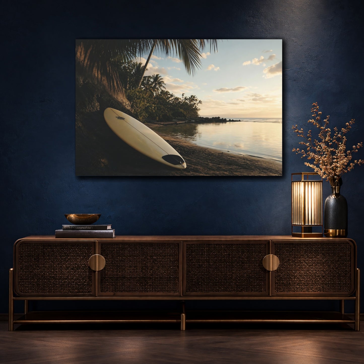 Mockup 4. Tropical Sunset Surfboard shown as canvas print