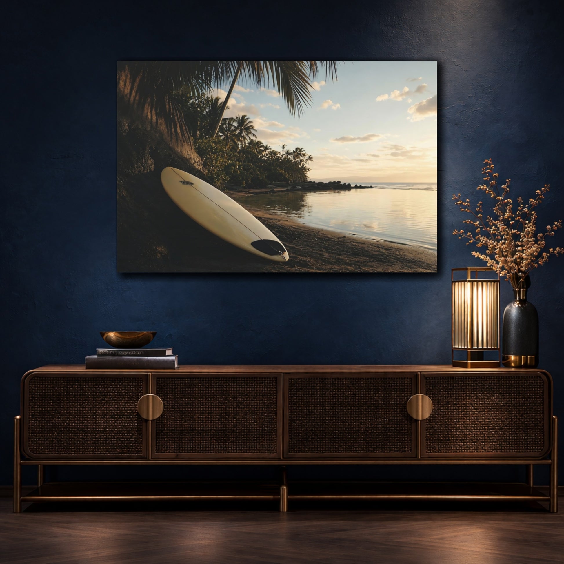 Mockup 4. Tropical Sunset Surfboard shown as canvas print