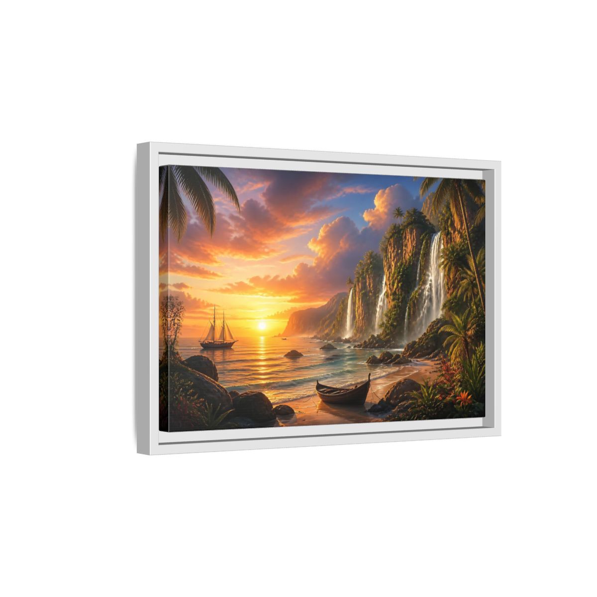 Side Mockup 4. Tropical Sunset Waterfall Cove shown as framed canvas print