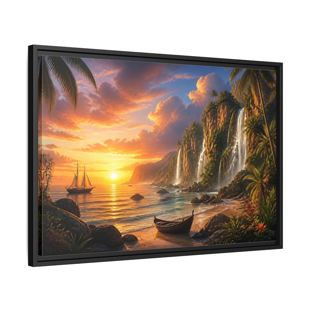 Side Mockup 14. Tropical Sunset Waterfall Cove shown as framed canvas print