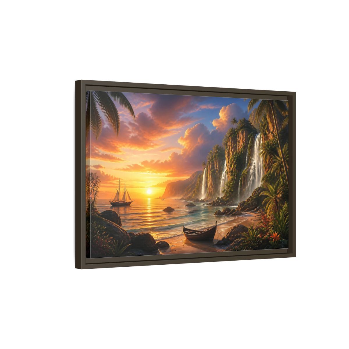 Side Mockup 2. Tropical Sunset Waterfall Cove shown as framed canvas print