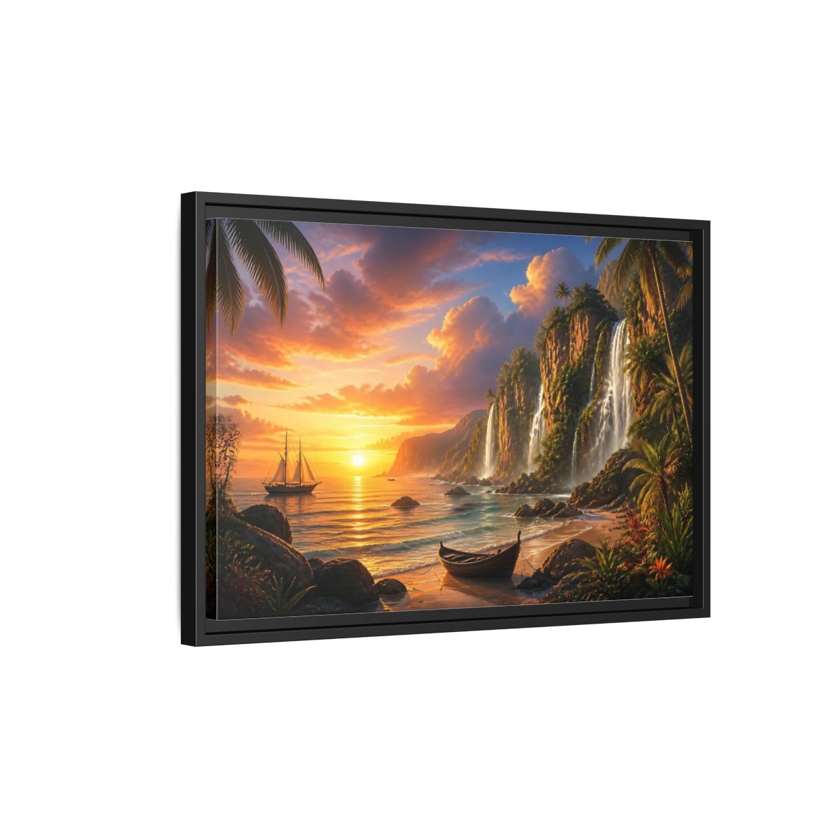 Side Mockup 3. Tropical Sunset Waterfall Cove shown as framed canvas print