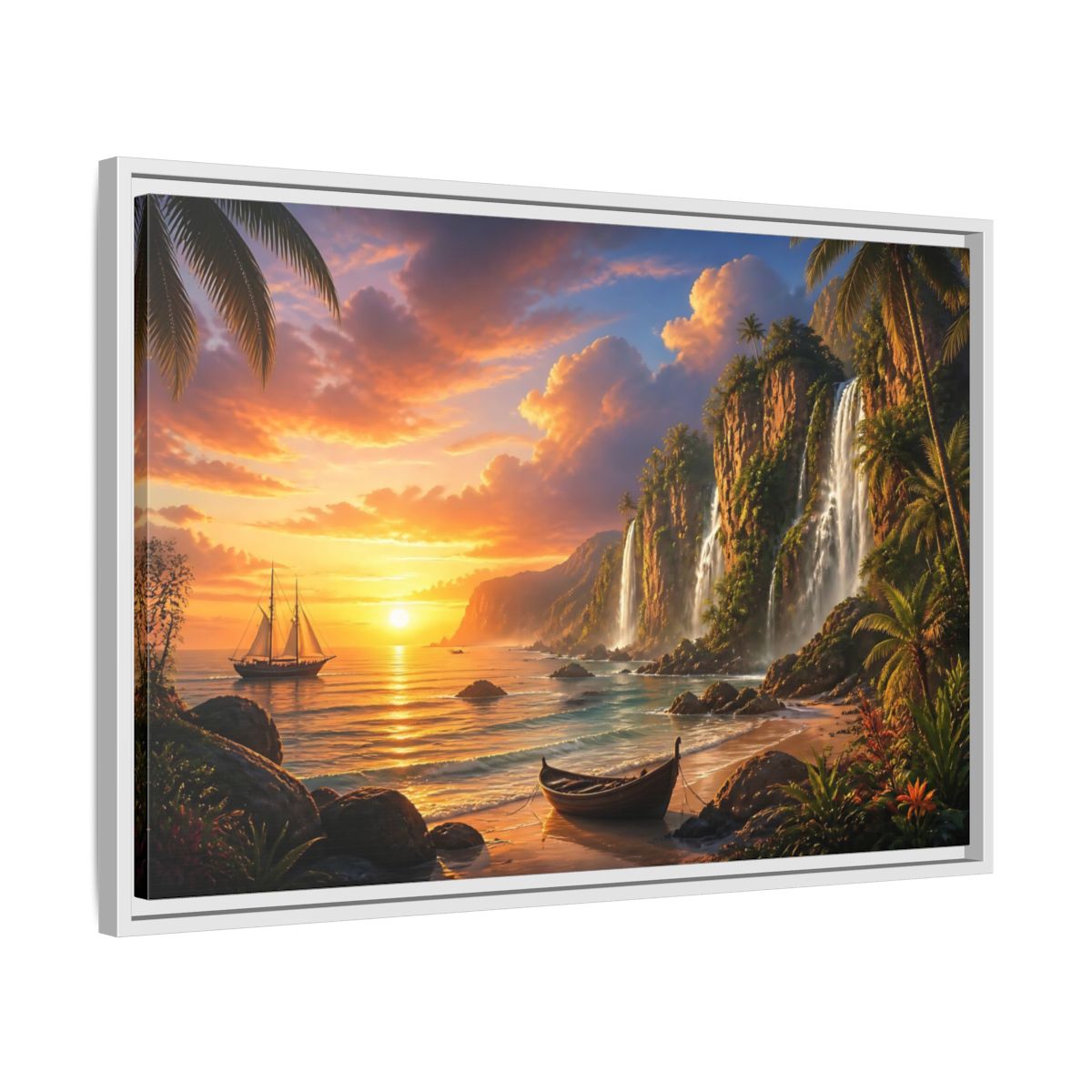 Side Mockup 10. Tropical Sunset Waterfall Cove shown as framed canvas print