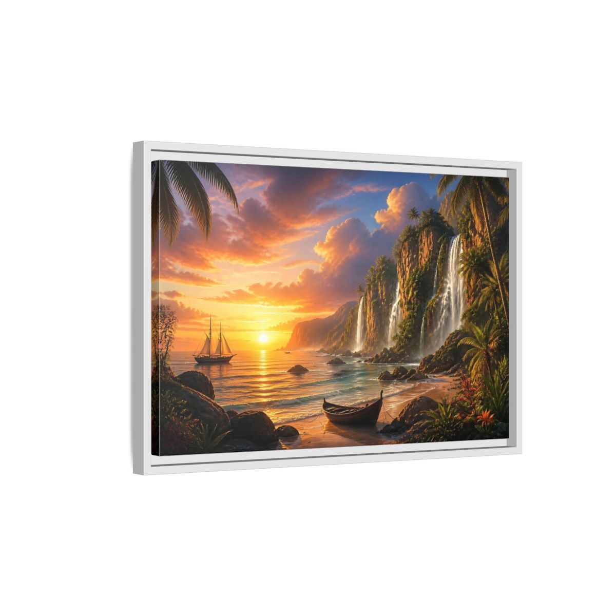 Side Mockup 1. Tropical Sunset Waterfall Cove shown as framed canvas print