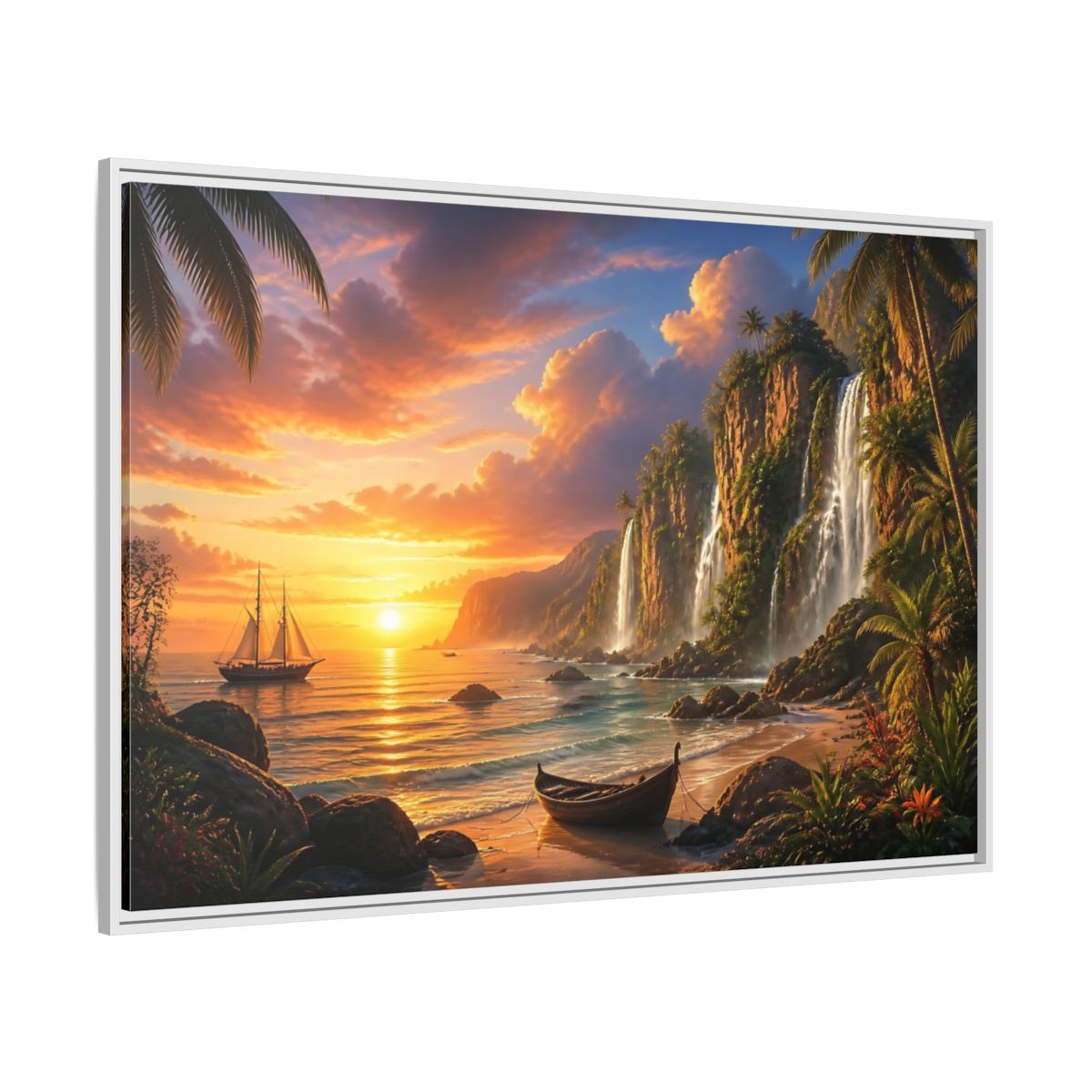 Side Mockup 7. Tropical Sunset Waterfall Cove shown as framed canvas print