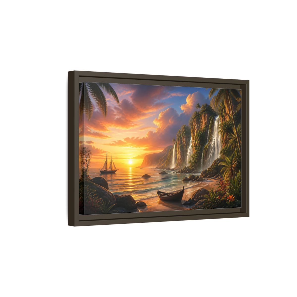 Side Mockup 5. Tropical Sunset Waterfall Cove shown as framed canvas print
