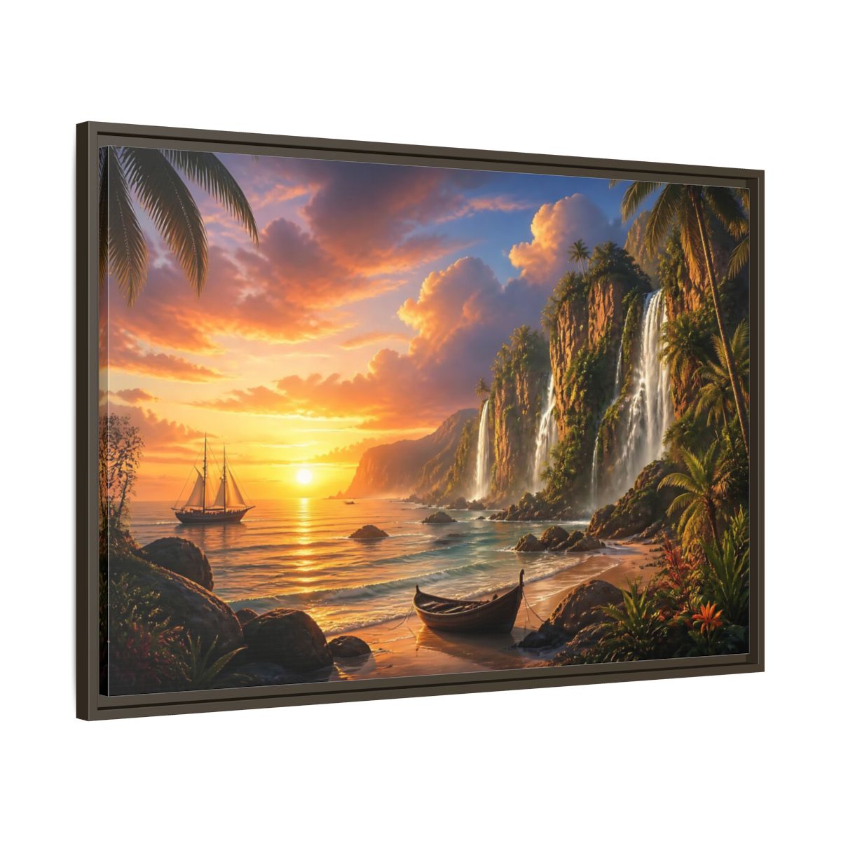 Main Mockup. Tropical Sunset Waterfall Cove shown as framed canvas print