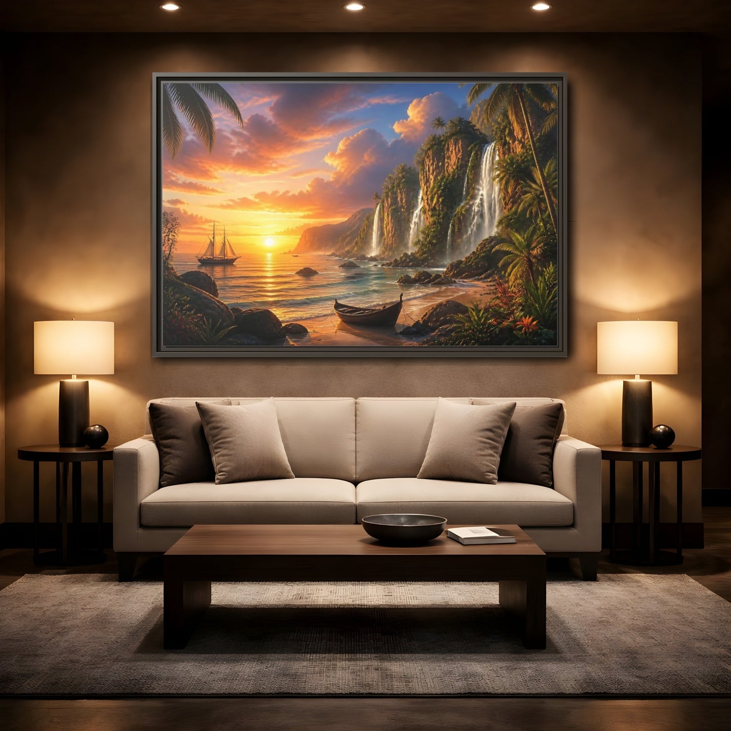 Mockup 2. Tropical Sunset Waterfall Cove shown as framed canvas print