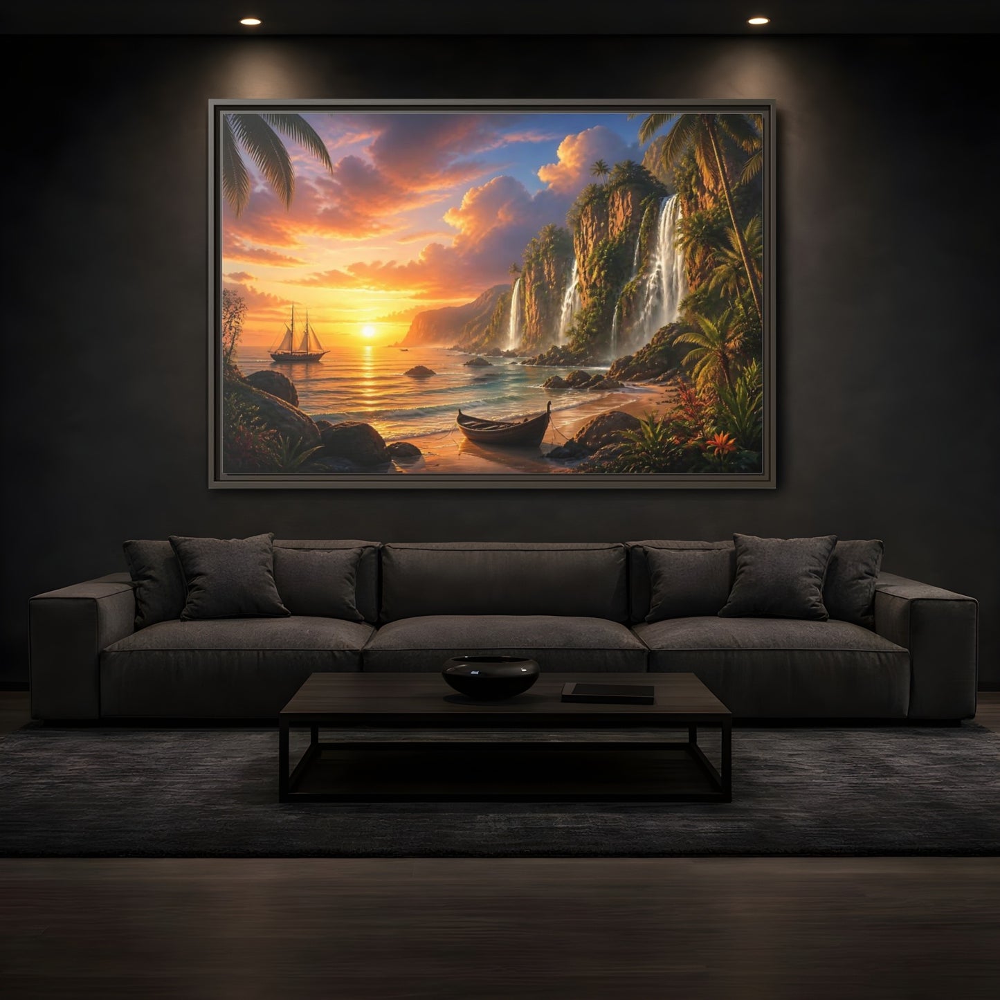 Mockup 3. Tropical Sunset Waterfall Cove shown as framed canvas print