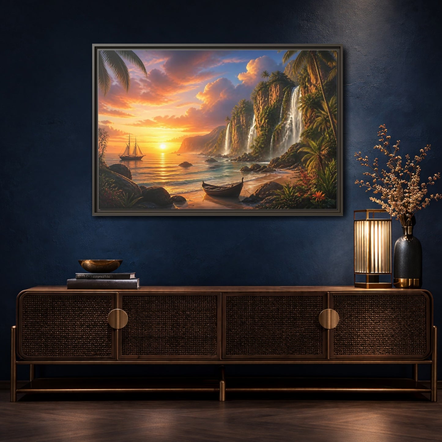 Mockup 4. Tropical Sunset Waterfall Cove shown as framed canvas print
