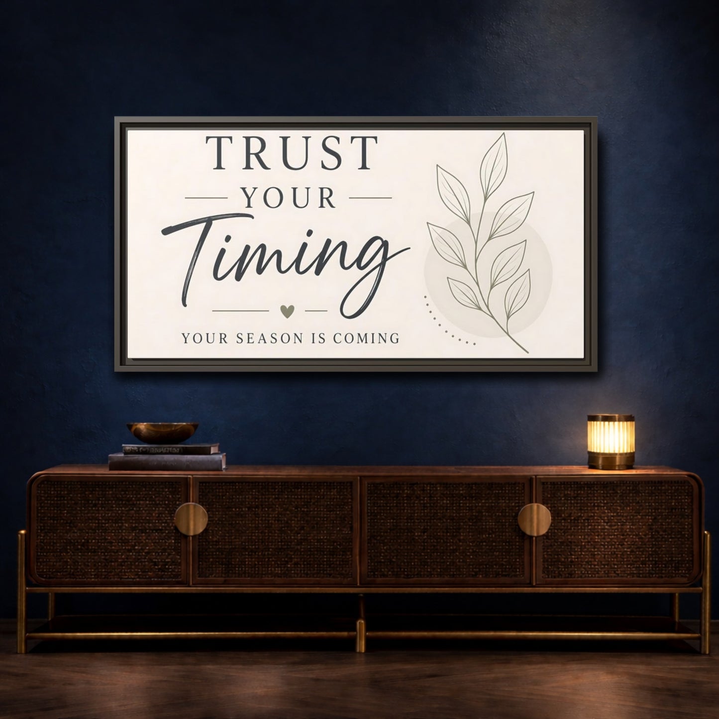 Mockup 4. Trust Your Timing Quote shown as framed canvas print