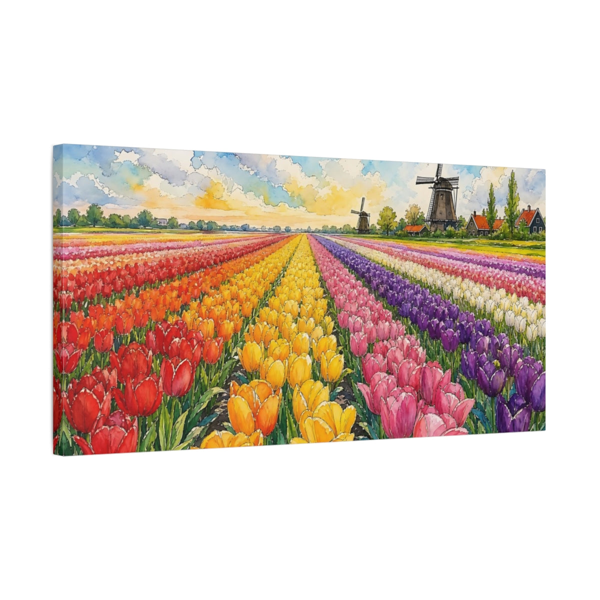 Side Mockup 1. Tulip Fields And Windmills shown as canvas print