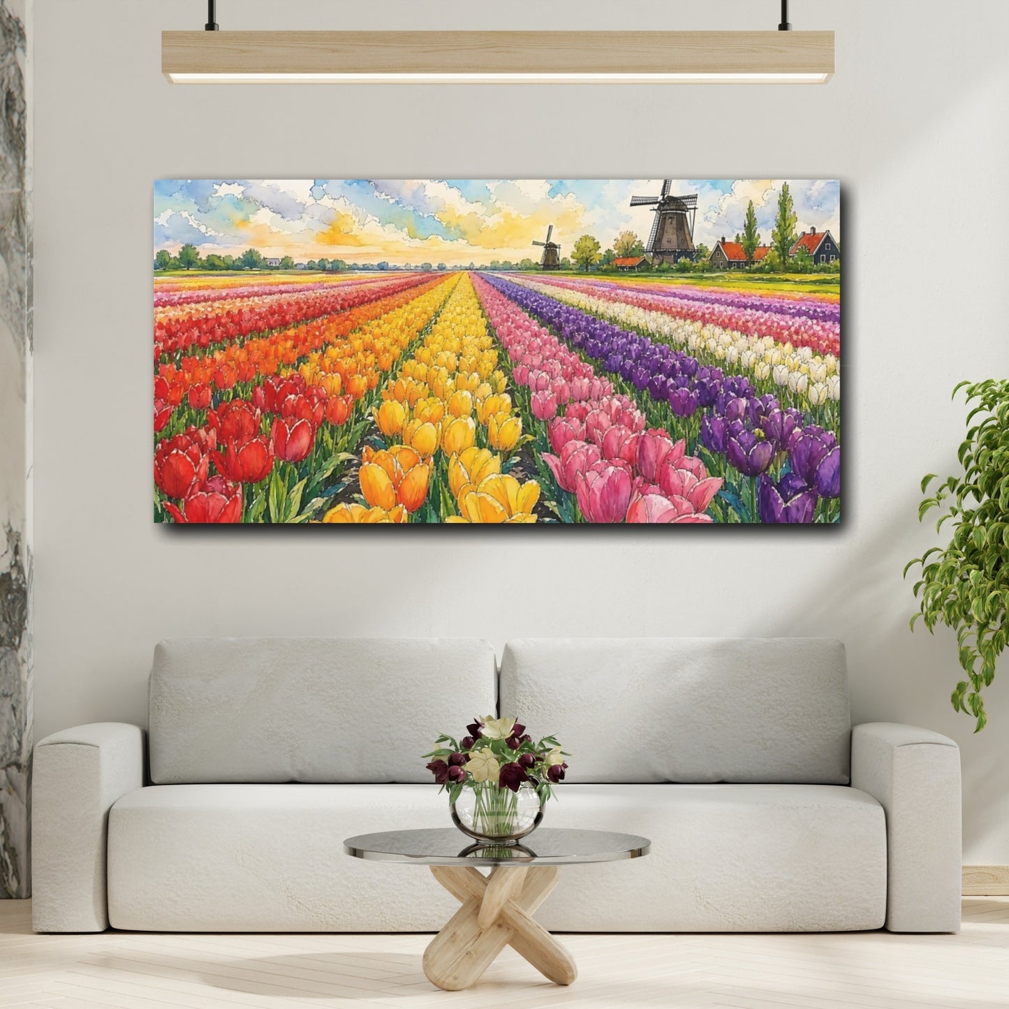 Mockup 2. Tulip Fields And Windmills shown as canvas print