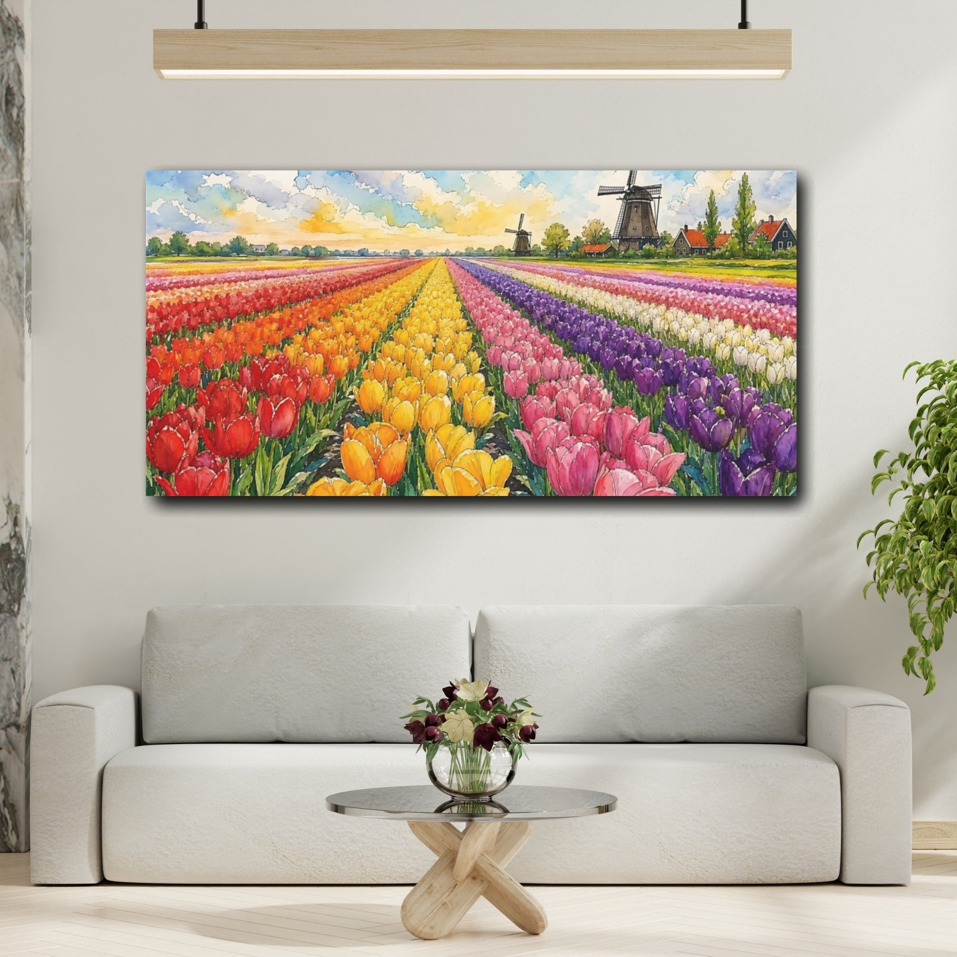 Mockup 2. Tulip Fields And Windmills shown as canvas print
